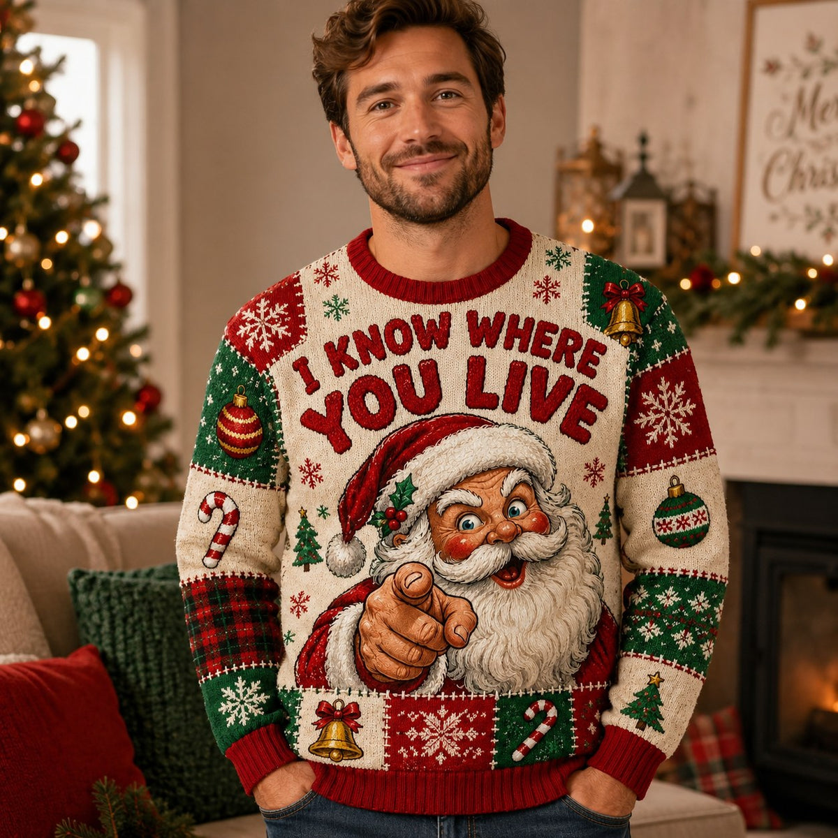 man wearing a santa i know where you live ugly christmas sweater
