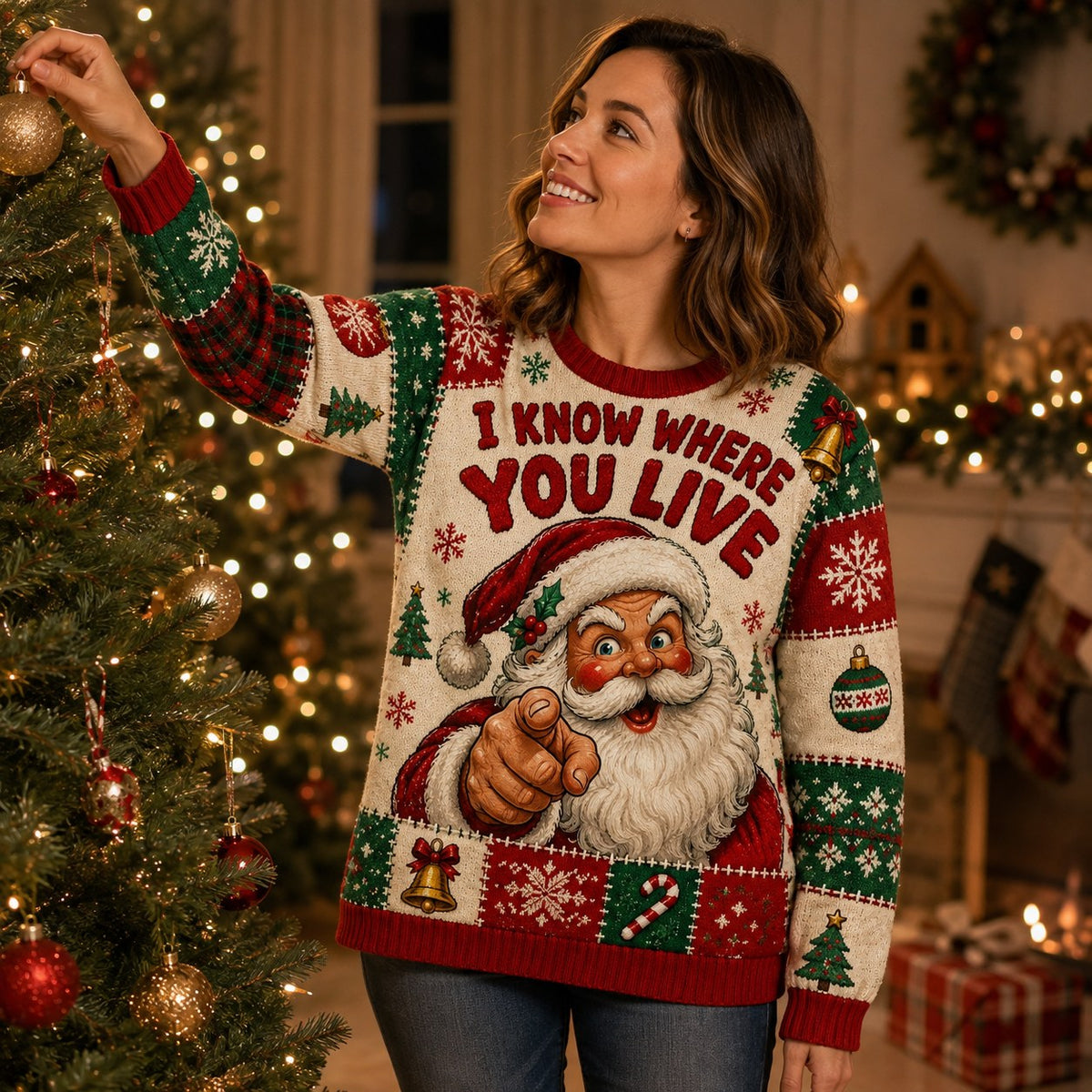 woman reaching up to hang a bauble on a christmas tree in