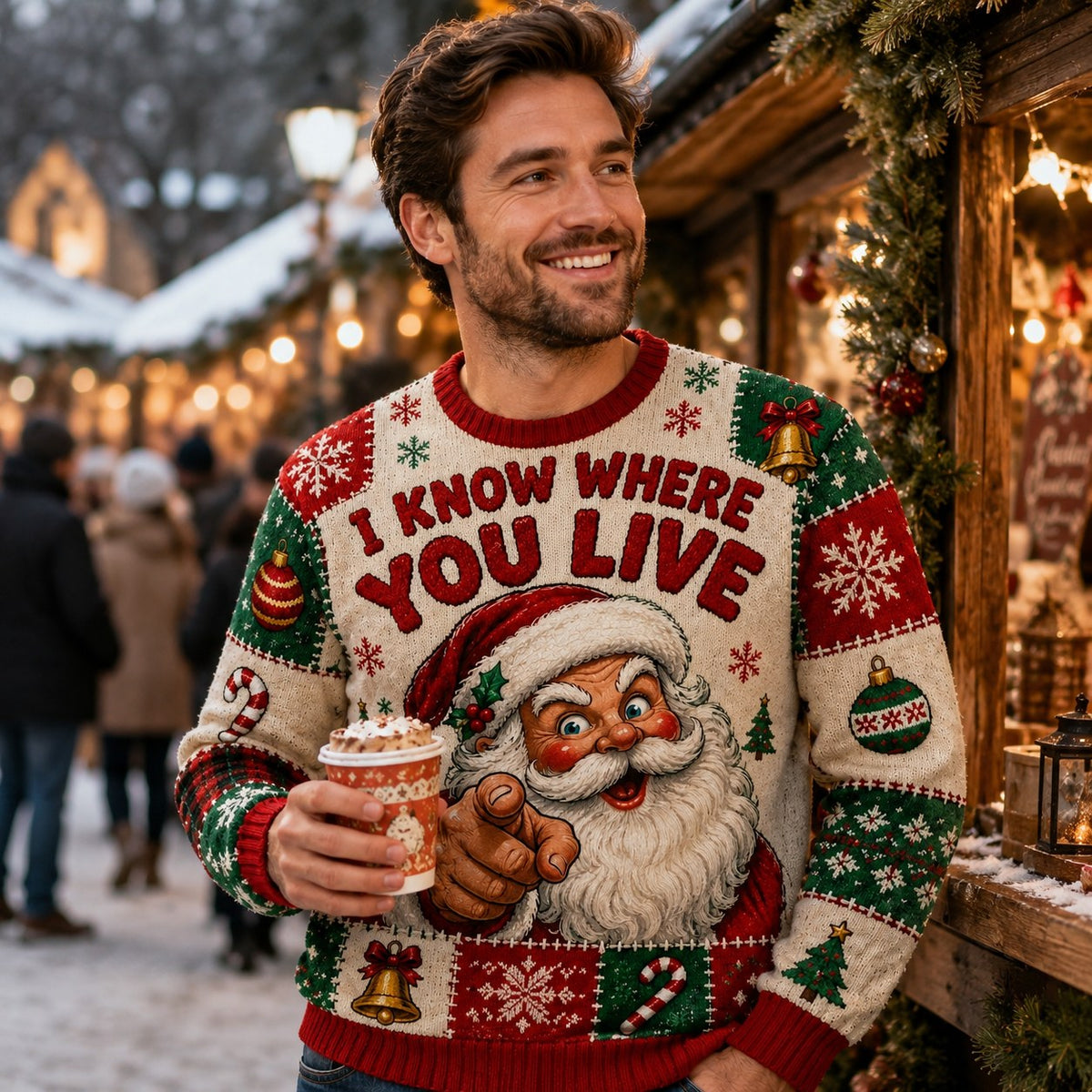man smiling with a hot drink at a snowy christmas market wearing