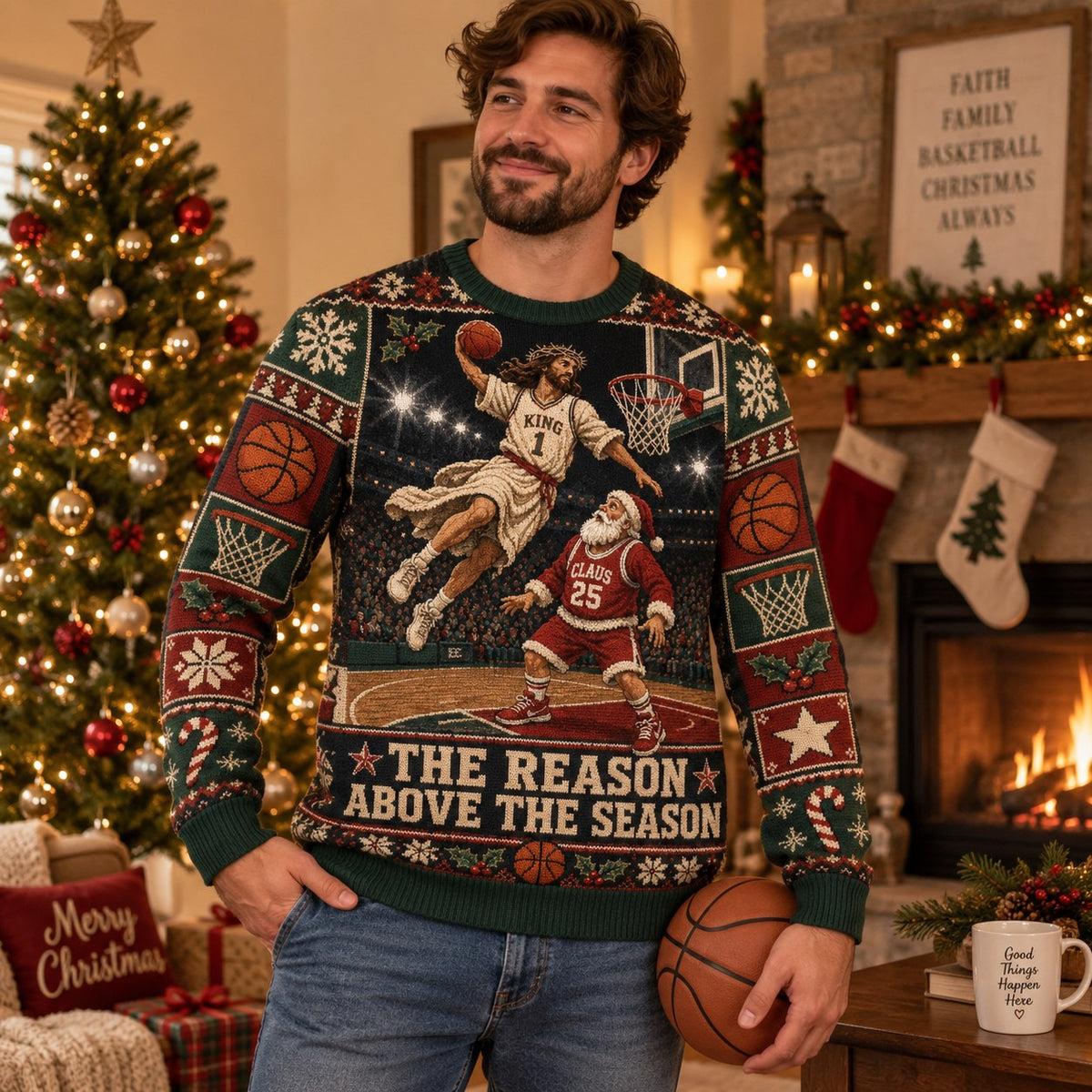 man wearing ugly christmas sweater with and santa basketball design by fireplace