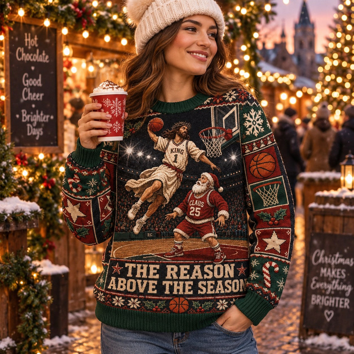 woman holding hot chocolate in ugly christmas sweater with and santa design