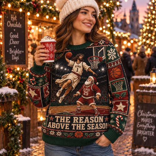 woman holding hot chocolate in ugly christmas sweater with and santa design