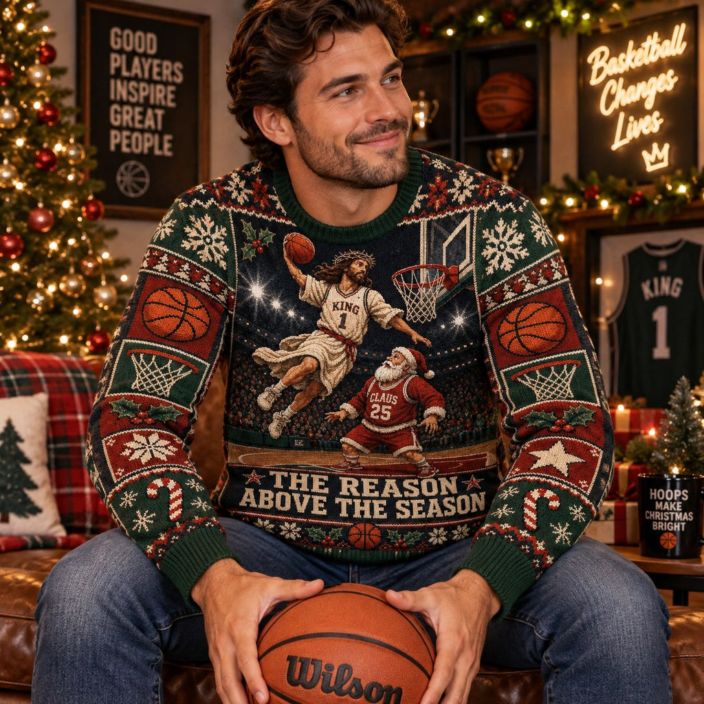 man sitting with basketball wearing ugly christmas sweater featuring and santa