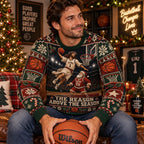 man sitting with basketball wearing ugly christmas sweater featuring and santa
