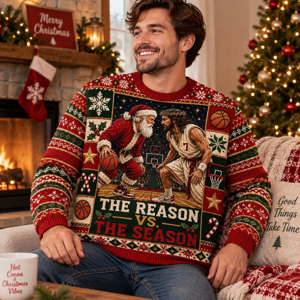 ugly christmas sweater worn by a man sitting by a lit tree