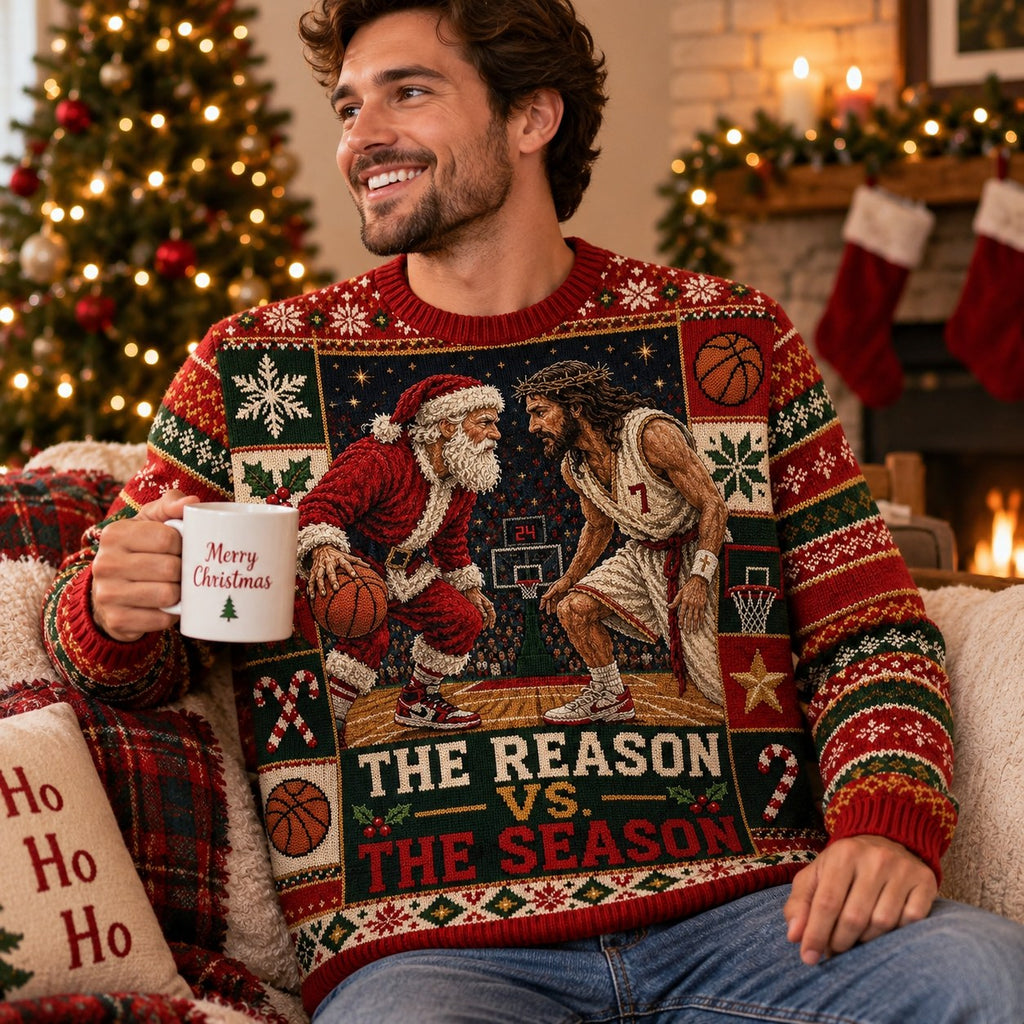 santa and the reason vs the season sweater festive scene