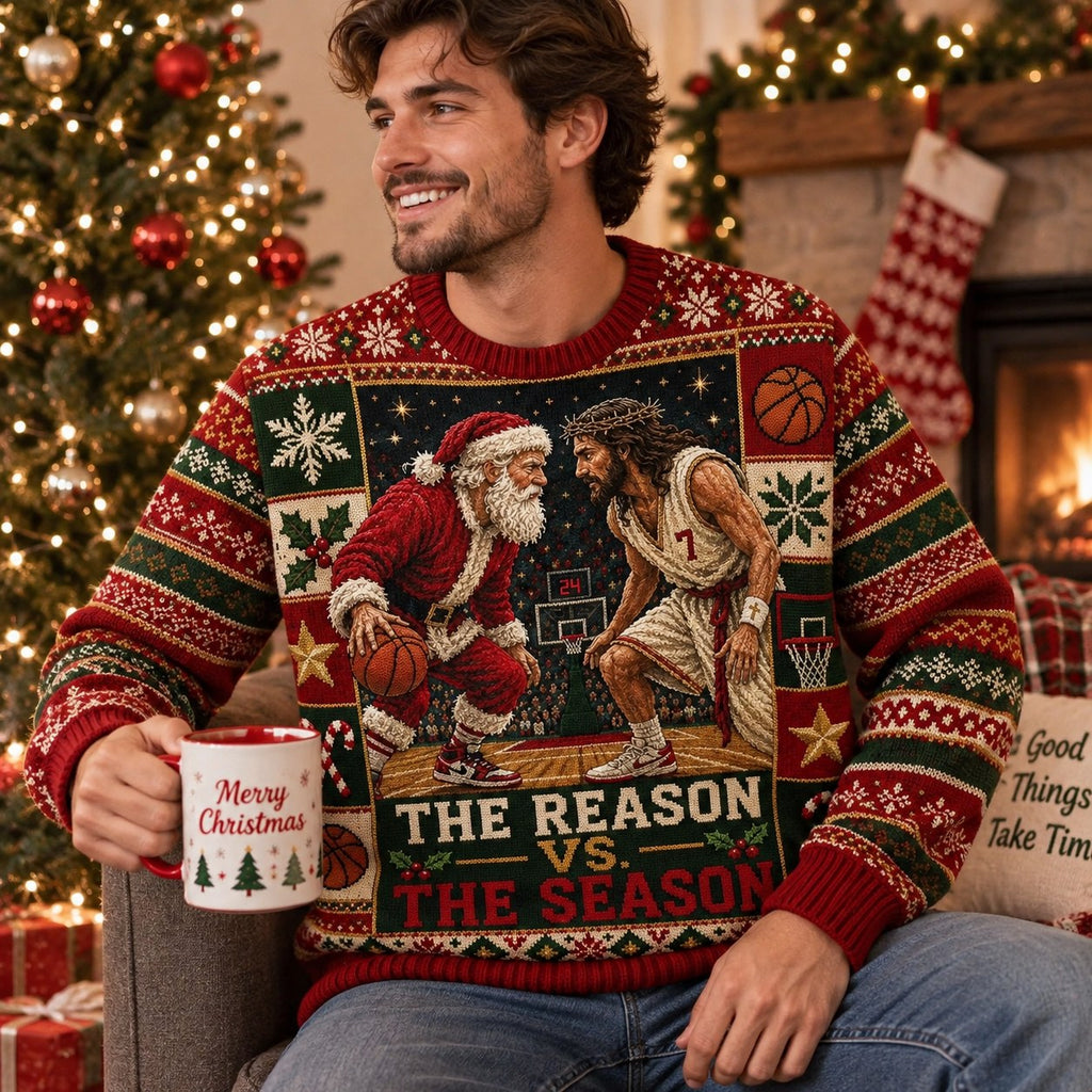 man in reason vs the season sweater laughing with hot cocoa