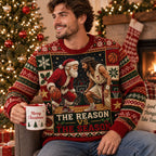 man in reason vs the season sweater laughing with hot cocoa