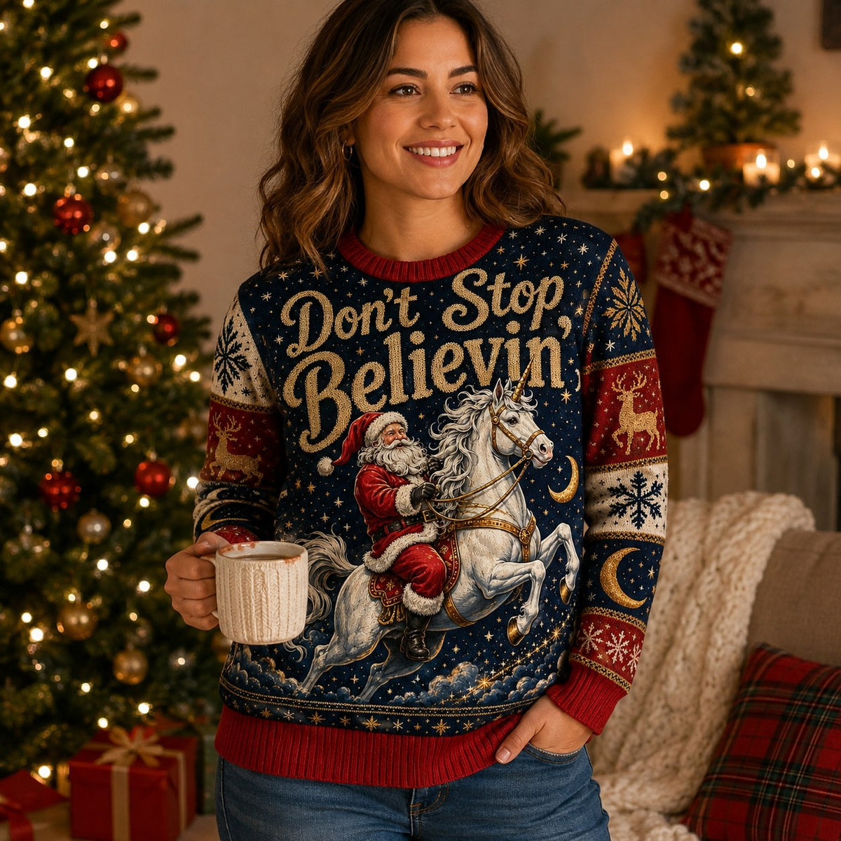 woman holding mug in front of lit christmas tree wearing ugly christmas