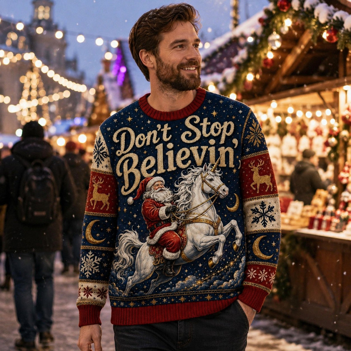 man wearing ugly christmas sweater at snowy outdoor christmas market with santa