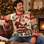 man wearing a sublimated all over print ugly christmas sweater featuring santa