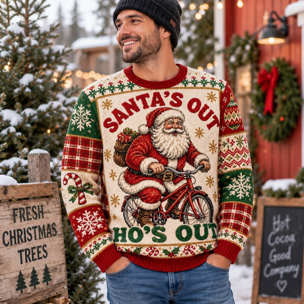 man in a beanie outdoors wearing a red and green sublimated holiday