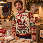 baker in a christmas themed kitchen wearing an all over print santa