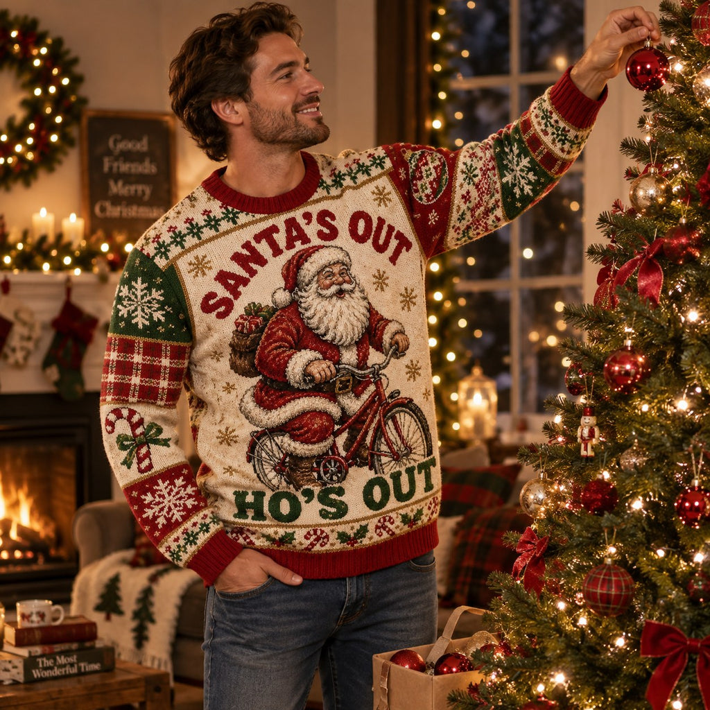 man hanging a red bauble on a lit christmas tree wearing a