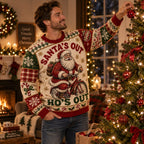 man hanging a red bauble on a lit christmas tree wearing a