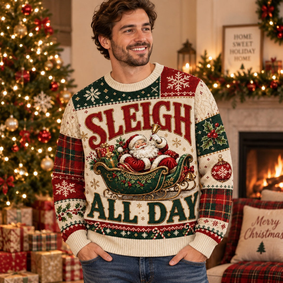 santa claus ugly christmas sweater with sleigh all day slogan and tartan