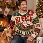 man wearing santa sleigh all day ugly christmas sweater seated by a