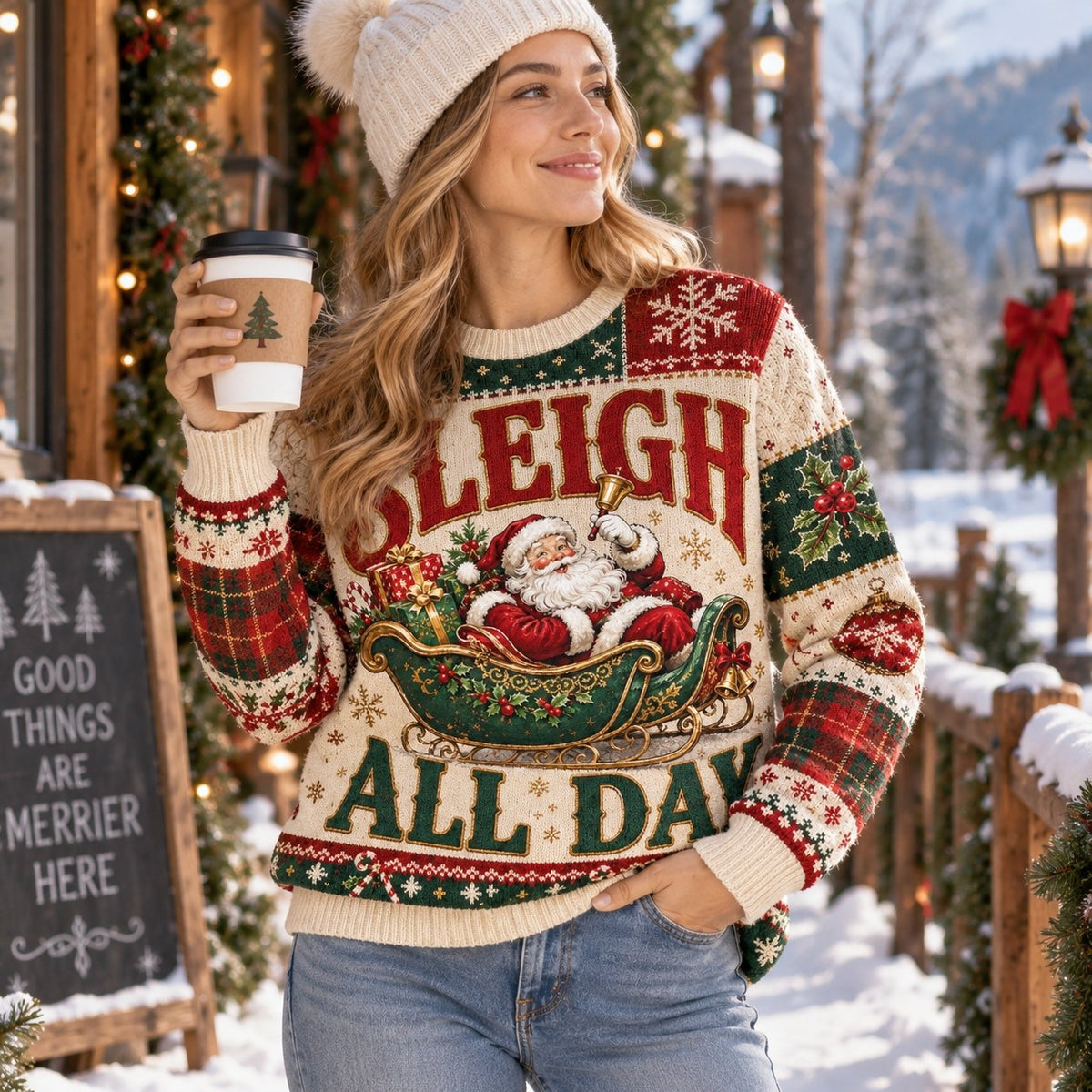woman in white beanie holding coffee in santa sleigh all day christmas