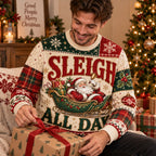 man untying red ribbon on wrapped gift while wearing santa sleigh all
