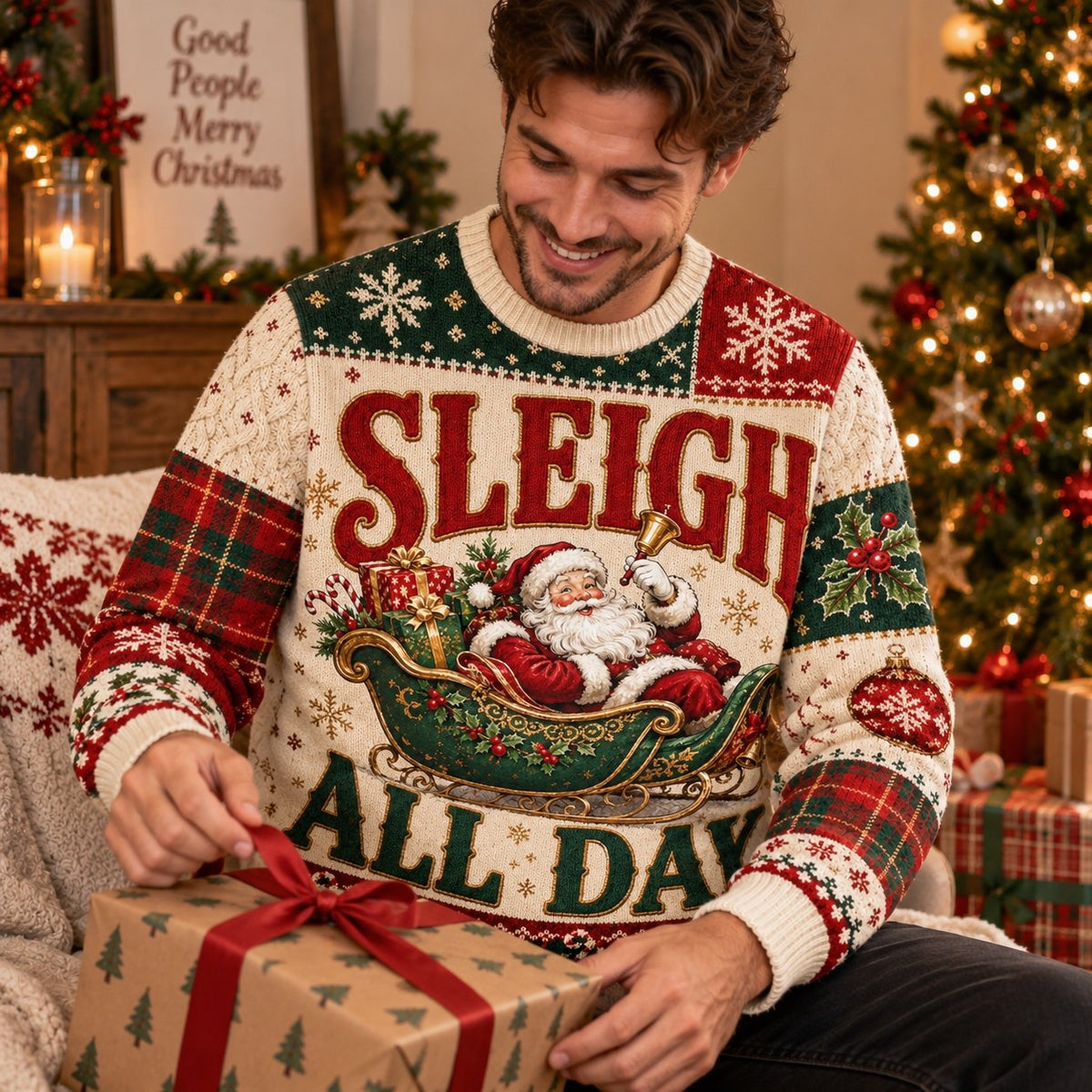 man untying red ribbon on wrapped gift while wearing santa sleigh all