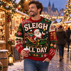 man in a matching santa sleigh all day ugly christmas sweater at