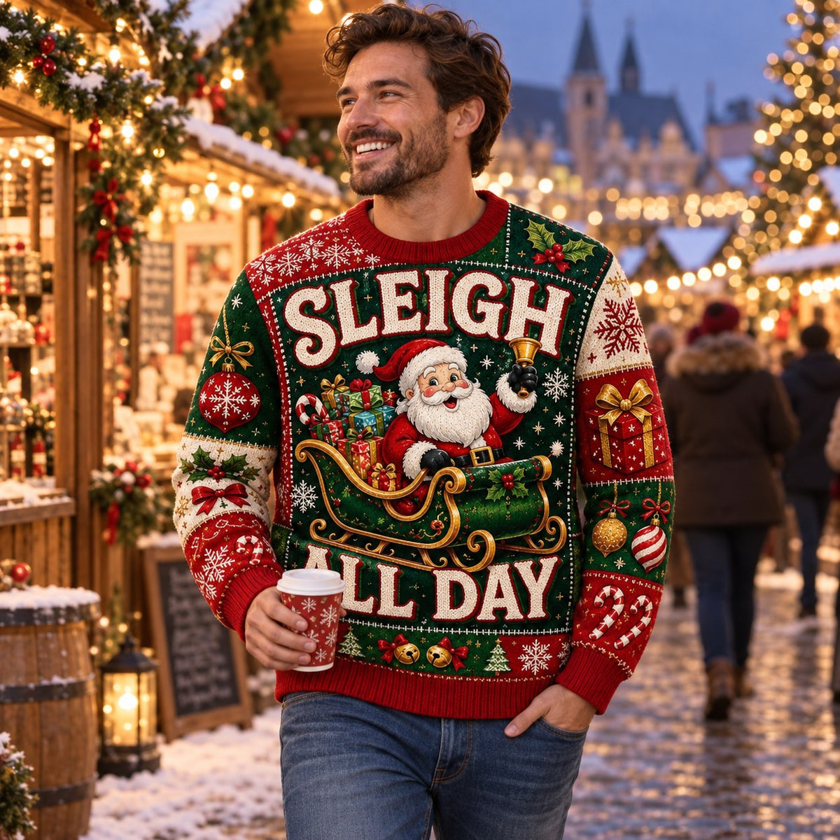 man in a matching santa sleigh all day ugly christmas sweater at