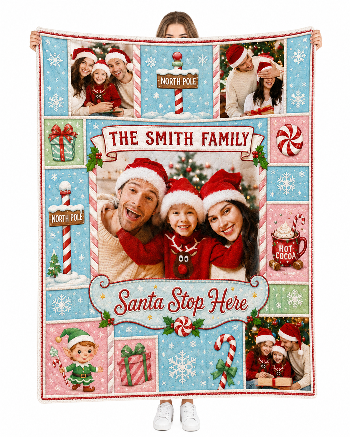 christmas photo blanket featuring a Santa Stop Here patchwork design with North