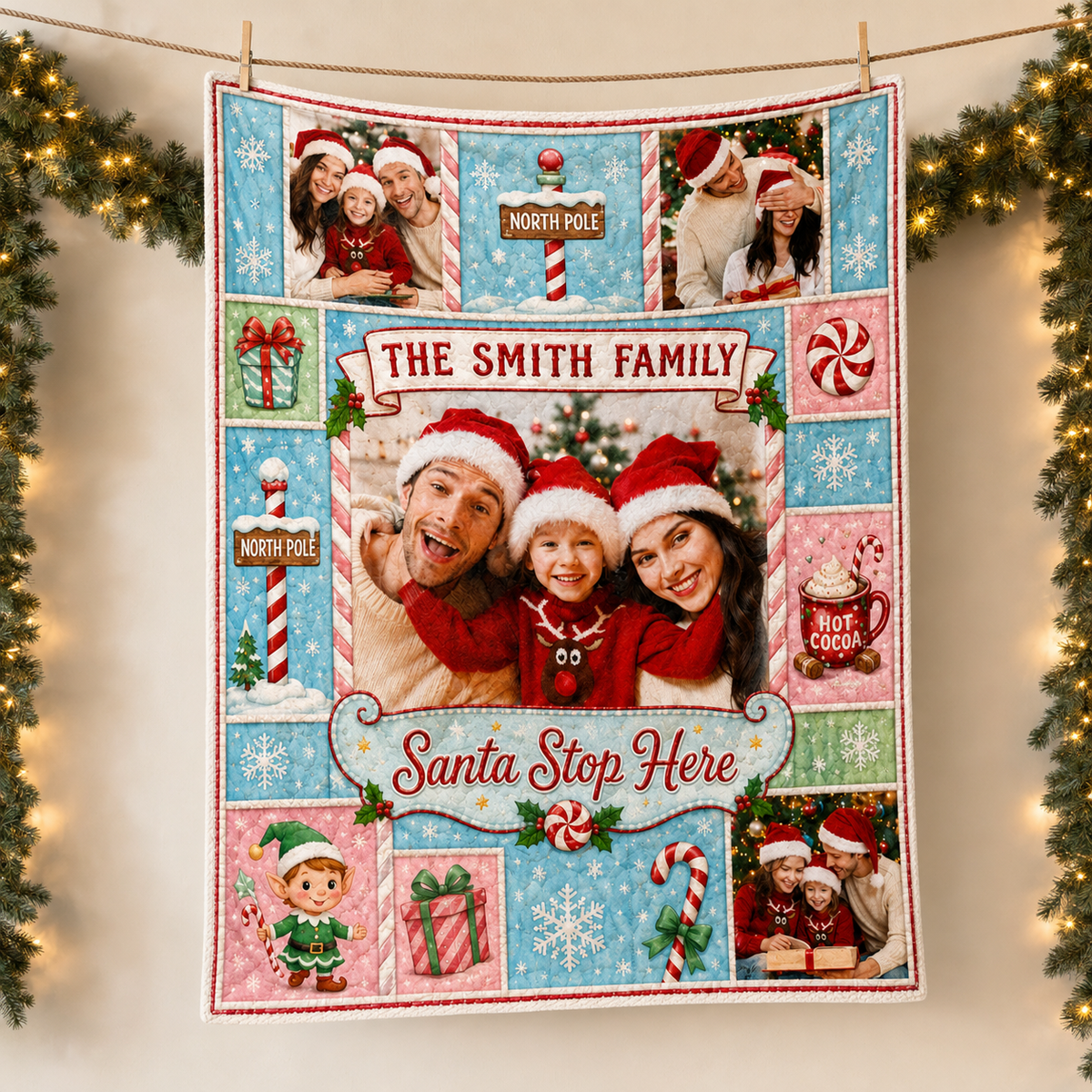 red and green christmas throw blanket displayed on a wall as festive
