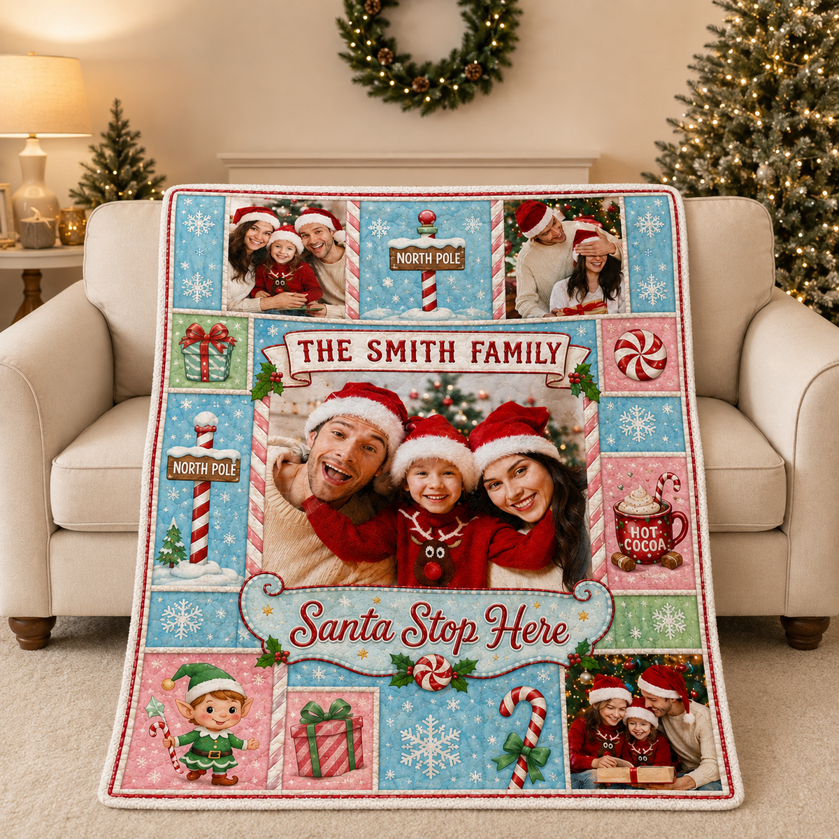 soft fleece blanket draped over an armchair in a cozy christmas decorated