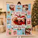 family photo blanket with custom photo slots held up as a holiday
