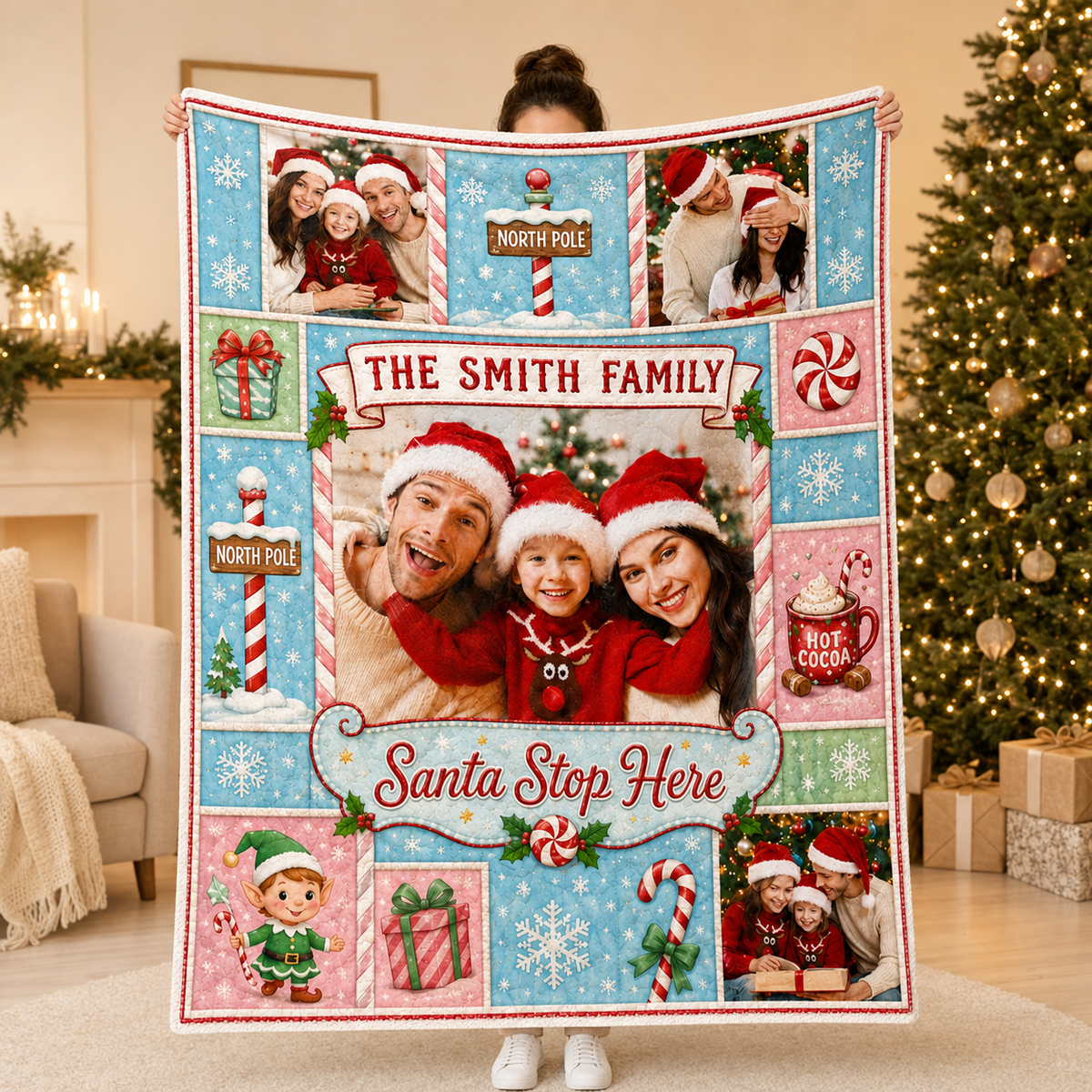 family photo blanket with custom photo slots held up as a holiday