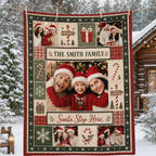 couple holding a christmas photo collage blanket in a snowy cabin yard