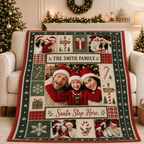 family christmas photo collage blanket draped over a cream sofa next