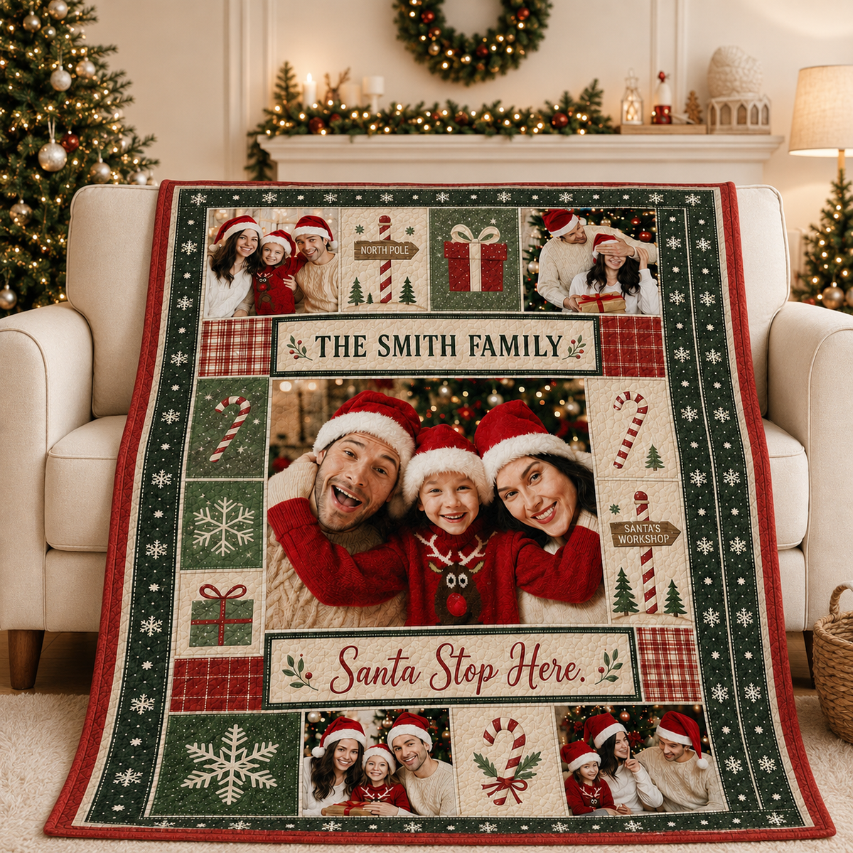 family christmas photo collage blanket draped over a cream sofa next