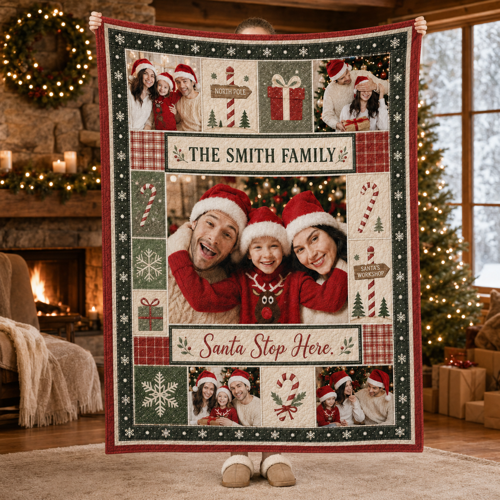 family holding the christmas photo collage blanket inside a cozy decorated living