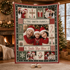 family holding the christmas photo collage blanket inside a cozy decorated living
