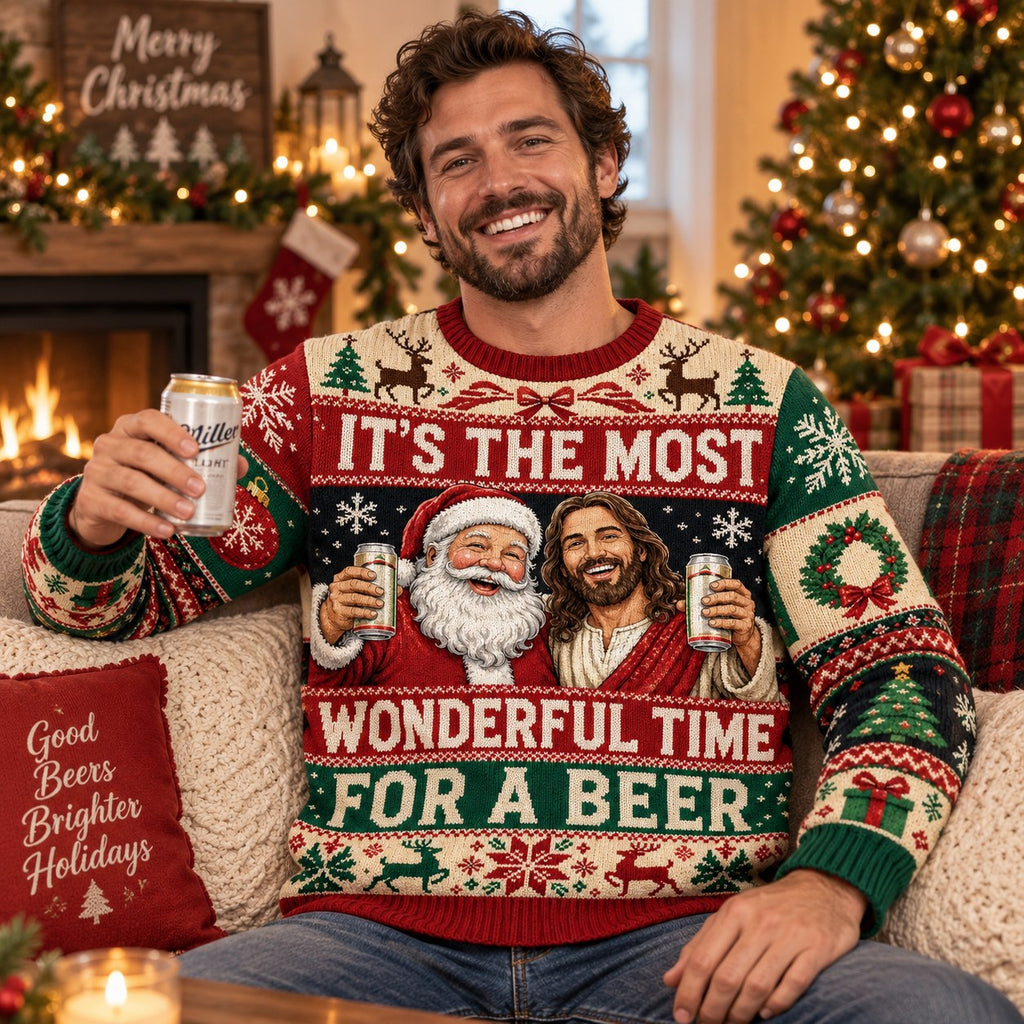 ugly christmas sweater with santa and sharing a beer