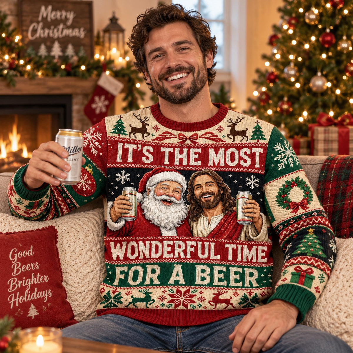 ugly christmas sweater with santa and sharing a beer