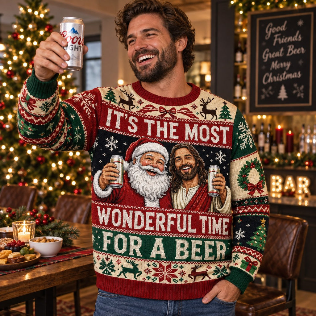 model smiling in the beer quote christmas sweater at home
