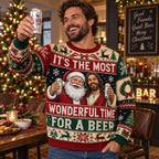 model smiling in the beer quote christmas sweater at home