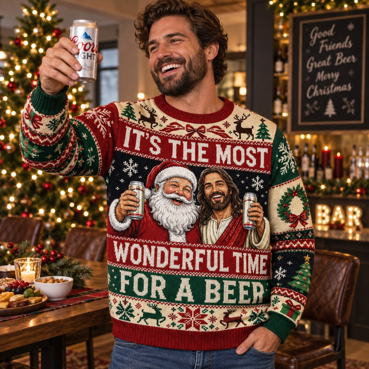 model smiling in the beer quote christmas sweater at home