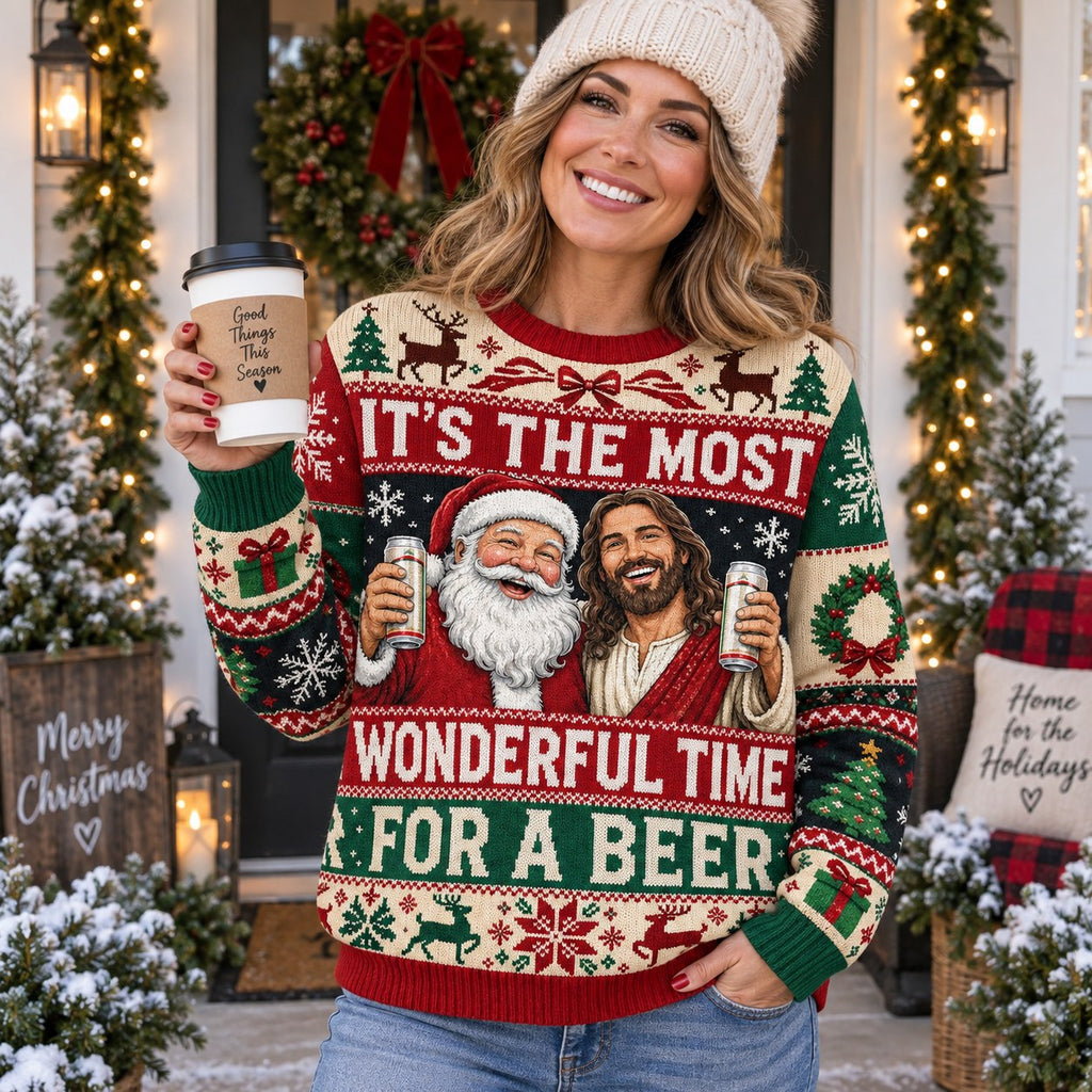 back view of santa and all over print sweater