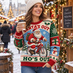 woman wearing a Santa's Out Ho's Out ugly christmas sweater at a