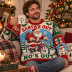 man relaxing on a couch in a Santa's Out Ho's Out ugly