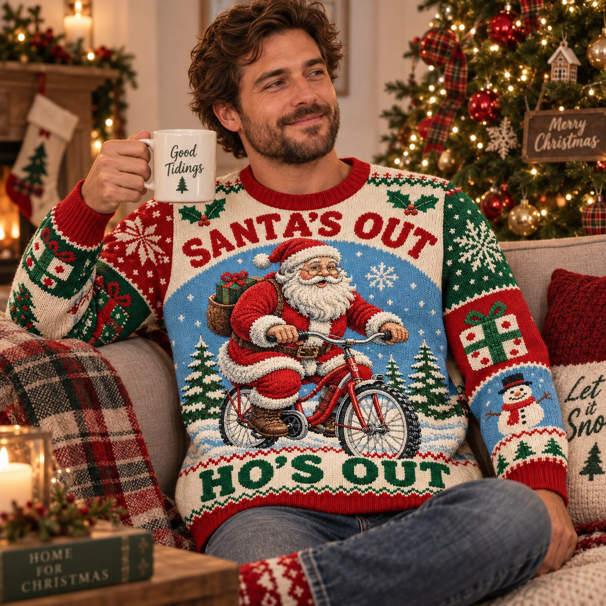 man relaxing on a couch in a Santa's Out Ho's Out ugly
