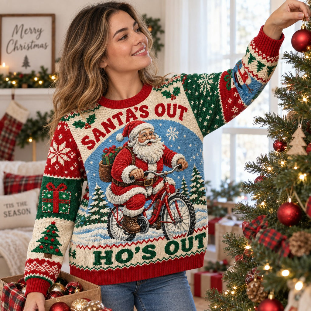 woman hanging ornaments on a Christmas tree while wearing a Santa's Out