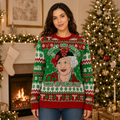 ugly christmas sweater with an elderly woman portrait and red banner
