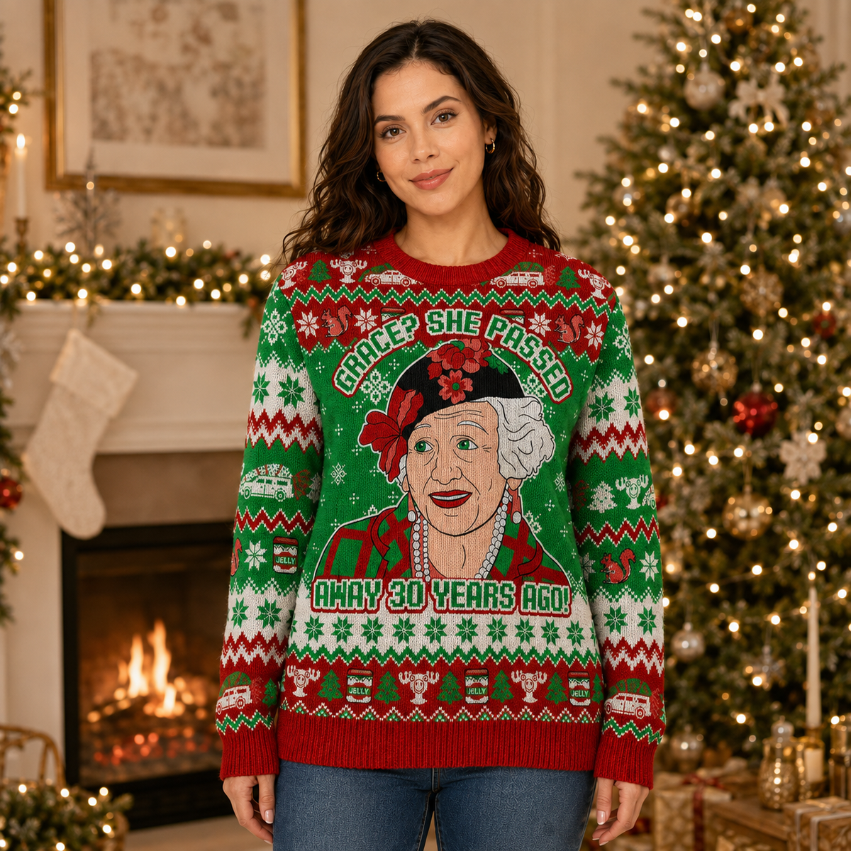 ugly christmas sweater with an elderly woman portrait and red banner
