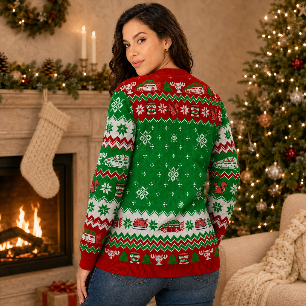 back view of a green and red knitted holiday sweater with fair