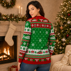 back view of a green and red knitted holiday sweater with fair